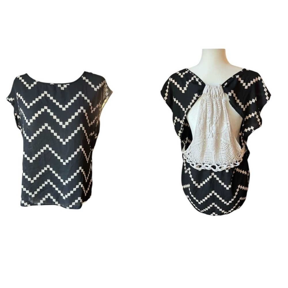 Andrée Women's Chevron Blouse Black Crochet Detail Size L​​